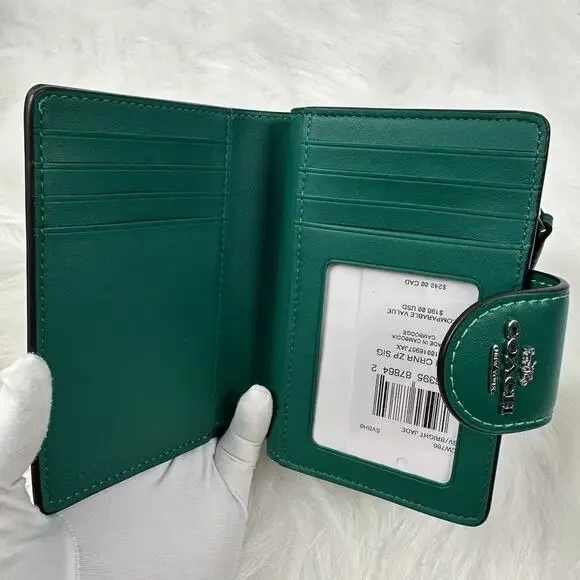 Coach Medium Corner Zip Wallet In Signature Canvas CW786 Silver/Bright Jade NWT - Picture 4 of 5